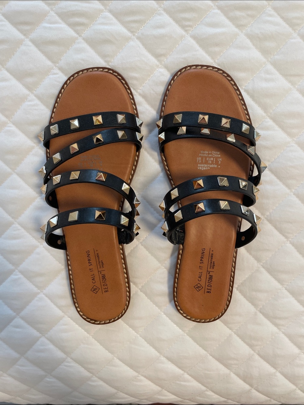 Call It Spring Black Triple-strap Gold Studded Slide Sandals with Tan Footbed